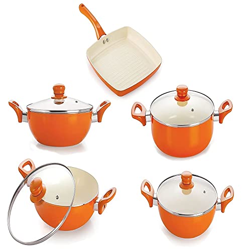 Image of NIRLON New Reinforced 4 Layer Ceramic Coating Non Stick Induction Dosa Tawa, 2 Deep Kadhai With Glass Lid, Grill Pan & Deep Casserole with Glass Lid Orange (Aluminium, Stainless Steel, Bakelite, Glass)Orange Colour.