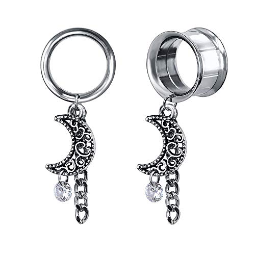 ZS Vintage Moon Dangle Ear Tunnels Plug Stainless Steel Screw Ear Gauge Feather Chain Ear Expander Flesh Tunnels Piercing