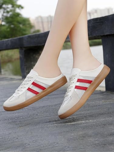 Image of Geerta Women's Fashionable Contrast Mesh Design Lace Up Walking Shoes, Casual Slides Breathable Comfortable Sports Shoes, Female All-Match Round Toe Slip On for Daily Wear Girl