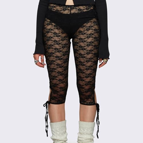 Women Lace Capri Leggings Sexy See Through Mesh Skinny Leggings Elastic Waist Sheer Mesh Cropped Trousers Clubwear2