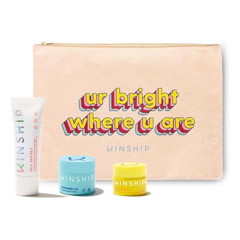 Kinship Gift Bundle - Self Reflect SPF, Supermello Moisturizer, Brightwave Vitamin C Eye Cream + Cosmetic Bag - 100% Mineral Sunscreen, Gel Cream + Hyaluronic Acid, Reduce Fine Lines + Under Eye Bags Cover