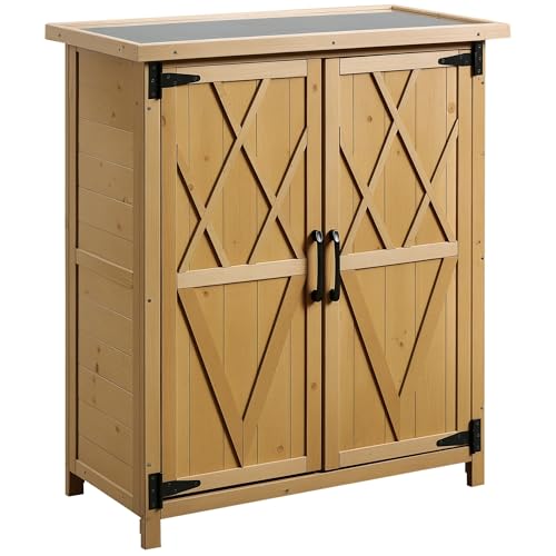 Outsunny Abri de Jardin Armoire de Jardin pour Outils 75L x 40l x 90H cm 3 étagères 2 Portes Toit en Asphalte imperméable Bois de Sapin Jaune