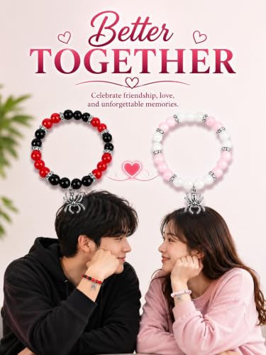 Image of Spider-Man Inspired Couple Bracelets 2pcs - Magnetic Attraction Heart Charm, Glass Beads, Spider Pendant, Marvel Theme Party Accessory, Valentine's Day Gift, Suitable for All Seasons