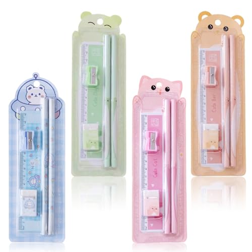 CEJAS 4 Set Cute Cancelleria, Set Scolastico con Matite, Gomma, Righello e Temperamatite, Regalo per il Ritorno a Scuola con Simpatici Articoli Scolastici, Regalo per i Compleanni dei Bambini