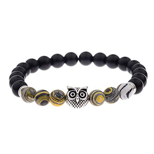Bracelet en pierre naturelle à rayures jaunes et perles hibou