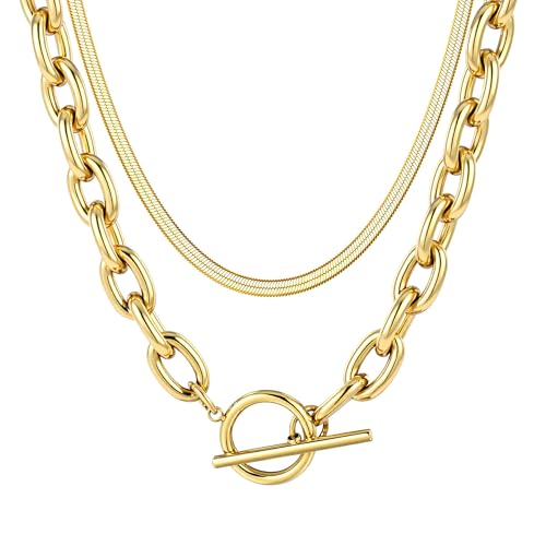 RIXERKOC 2 Pcs Collier en Or superposé Chunky pour femmes, Collier en Paperclip à chevrons épais, Colliers en plaqué or 18K avec fermoir à bascule pour...