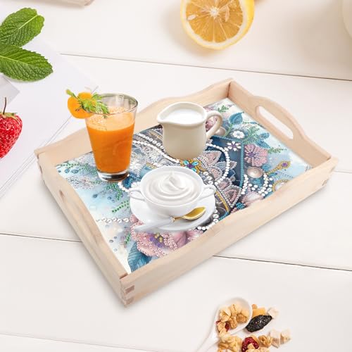 Image of AiYuanzsh DIY Diamond Art Wooden Tray with Handle, Blue Jewel Heart with Flowers Design, Diamond Painting Mosaic Kit, Creative Craft Diamond Art Tray for Coffee Table and Home Organizer