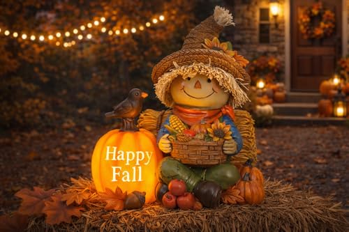 LocusArs Fall Decorations for Home Outdoor Solar Lighted Fall Scarecrow Decor Thanksgiving Outdoor Decorations for Porch Garden Yard Patio Entryway Lighted Pumpkin Decor Fall Garden Statue