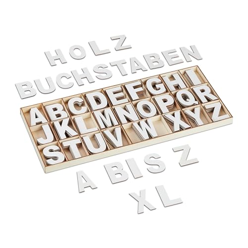 Relaxdays Set de Letras de Madera, 208 Uds., Mayúsculas A-Z, Hacer Manualidades, Alfabeto Decorativo, con Caja, Blanco