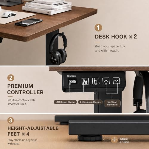 Image of Grandder 63x32 Large Electric Standing Desk, Height Adjustable Computer Desk with 2 Memory Presets, 31.5 inch Deep Desktop Sit Stand Desk Home Office Desk Workstation Table with Hooks, Walnut