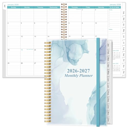 2026-2027 Monthly Planner - 18 Monthly Calendar, January 2026 - June 2027, Two Pages Per Month, 9' x11' Planner with Tabs, Strong Twin-Wire Binding, Inner Pocket, Blue Watercolor