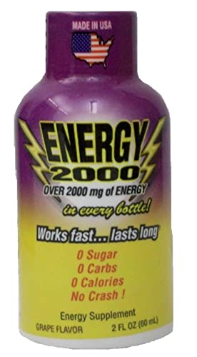 Global Brands Energy 2000 Drink Shot Packs, Over 220mg of Caffeine, No Crash, 48-2oz Bottles (Pack of 48) (Grape)