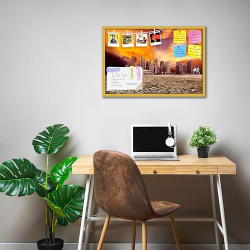 Image of ArtzFolio City Overlooking Desolate Desert | Bulletin Board Notice Pin Board | Vision Soft Board Combo with Thumb Push Pins & Sticky Notes | Golden Frame | 30 x 20 inch (76 x 51 cms)