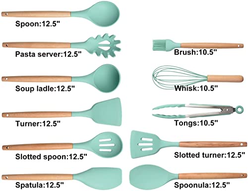 Image of Sakoraware Silicone Kitchen Utensils Spoon Spatula Cooking 12 Pcs Set | Baking Set | Non-Stick with Wooden Handle- BPA Free, Heat Resistant Item Flexible Non Toxic Silicon Cookware Tools with Holder