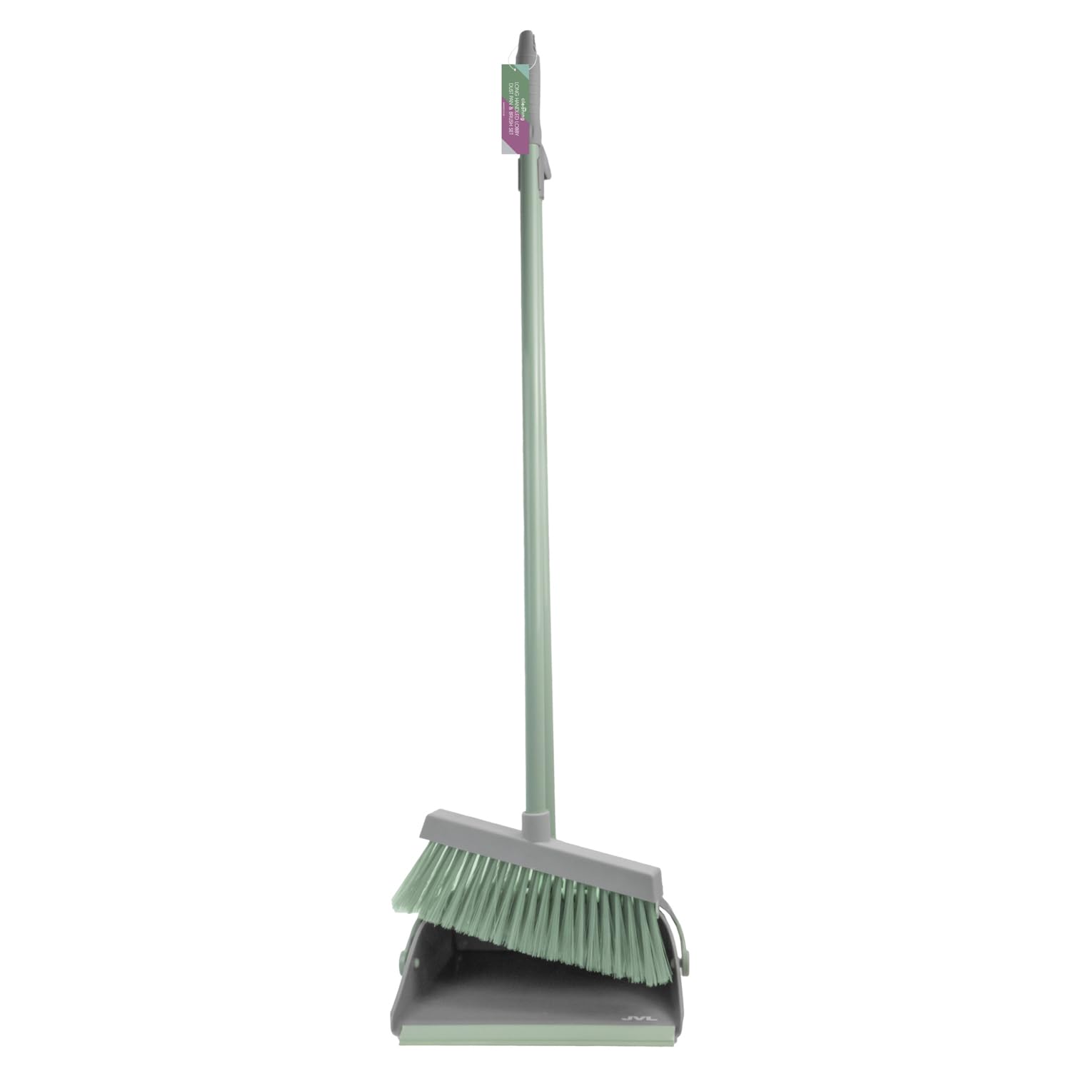 JVL Long Handle Lobby Dustpan and Brush Set – Commercial Upright Broom and Pan, Stand Up Floor Sweeper Set, Grey