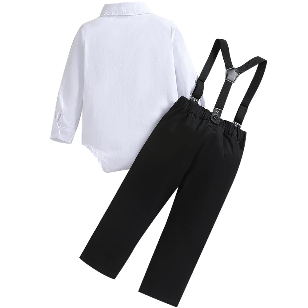IDOPIP Baptism Christening Outfits for Boys Baby Clothes Sets Toddler Boy Gentleman Outfits Bow Tie Romper Shirts Suspenders Pants First Birthday Formal Wedding Party Dress Suits Black 12-18 Months