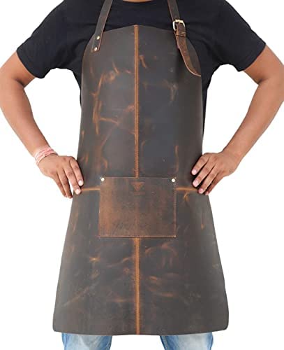 NATURALS EXPORT Durable Handmade Adjustable Heavy Duty Leather Utility/Tool Apron with Pockets for Chef/Butcher/Metalworker/Carpenter/Blacksmith/Woodworker 30.5x23.5 Inches (Front single pocket)