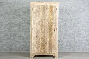 THE KASHTH Mango Wood Handcraft Carving Design Wooden Wardrobe 2 Door with 4 Shelf Storage Cabinet || for Livingroom, Office & Bedroom (100D x 193W x 46H Centimeters)
