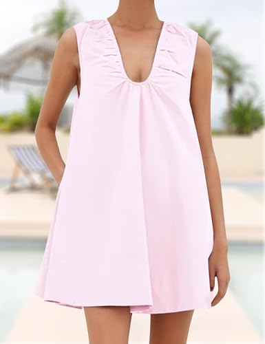 Image of Women's Summer Babydoll Dress Scoop Neck Bubble Mini Dress with Pockets Sleeveless Flowy Tank Preppy Dresses Party