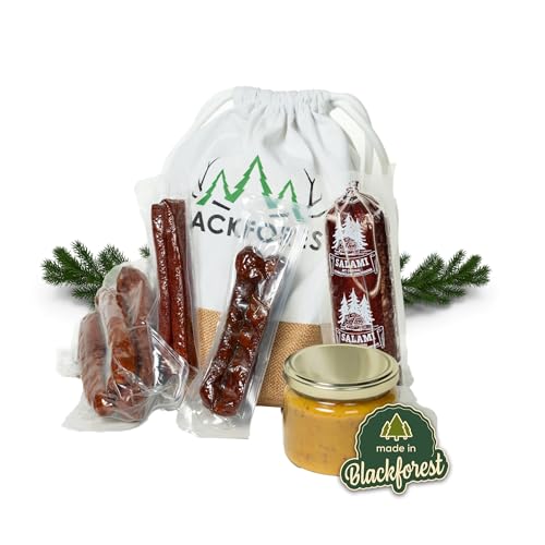 Schwarzwaldmetzgerei Camping Bag Geschenkkorb - 6-teiliger Präsentkorb mit leckeren Wurstspezialitäten wie Pfefferbeiser, Landjäger, Bauernwürste, Kirschwasser-Salami und Birnen-Chili-Dip