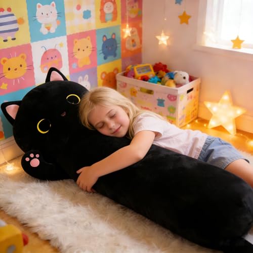 Image of MaoGoLan 44'' Black Cat Plush Body Pillow, Giant Stuffed Cat Pillow for Kid Adult, Soft Kawaii Kitten Stuffed Animal Hugging Pillow, Large Kitty Plush Gift for Girl Boy, Birthday Baby Shower Decor