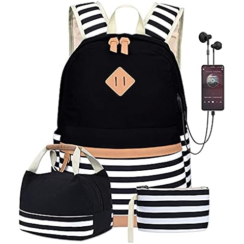 MOTOLIMO School Bags Backpack Set Teen Girls Bookbag with USB Charging Port for Teenager Girls College Rucksack Women Backpack Laptop Fashion Travel with Lunch Bag Pencil Case Cover