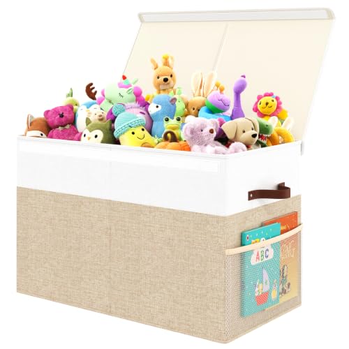 Fineonly Large Toy Storage Box with Lid Upgraded Toy Storage Chest Organizer with Divider Foldable Toy Bin for Kids Boys Girls Playroom Nursery Bedroom (25x13x16)