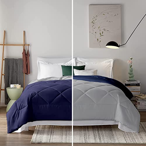 Image of Filbert - 400 GSM Reversible Microfiber Rajai Double Bed Comforter Blanket, Super Soft Microfiber Diamond Stitch Quilt (90 inch x 100 inch Inches /228cm x 254cm) - Comforter Double Bed|Silver /Navy Blue