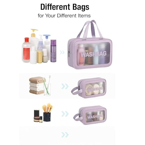 Image of Wazdorf Cosmetic Pouch Bag - Large Waterproof Wash Bag with Handle, Translucent Cosmetic Organizer for Makeup, Brushes & Accessories - Unisex Storage Pouch for Travel & Bathroom Use (Purple -3 Pcs)