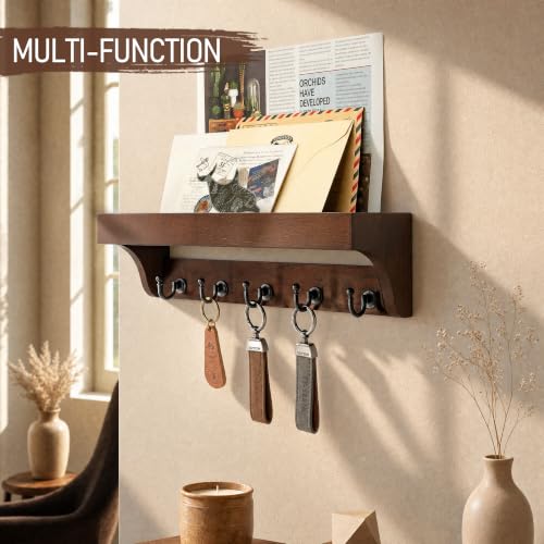 Image of Walnut Wood Key Holder Wall Mount for Room Decor and Organization, Brown | Key Holder for Wall with Shelf for Plants & Cute Things,5 Sturdy Key Hooks,Can Also Hang Dog Leashes,Ideal for Home Decor