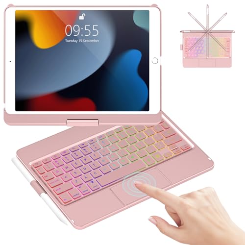 Keyboard Case for iPad 9th Generation 10.2 inch 2021, Multi-touch Trackpad & 7 Color Backlight & 360°Flip Hard-shell, Slim Keyboard Case with Pencil Holder, for iPad 9th/8th/7th Gen,UK Layout