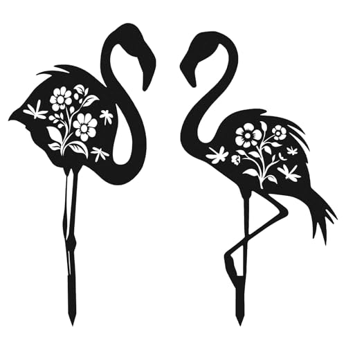 BOXOB 2pcs Piquet de Jardin Decoratif Flamant Rose en Métal, Fantaisiste Décor de Cour Flamant Rose Noir Piquet de Jardin Décoratif pour Pelouse Patio Arrière-Cour Décoration Extérieure