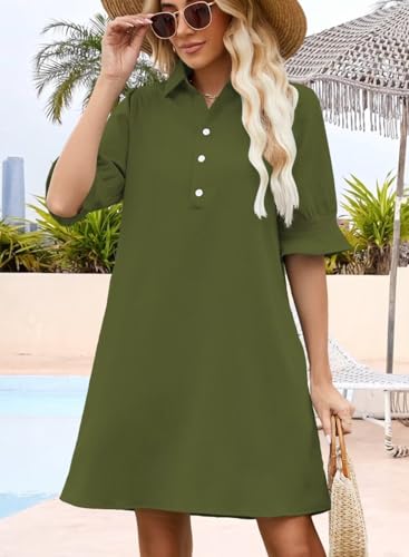 Image of Womens Summer Shirt Mini Dresses 2026 Beach | Flowy Shift Dress, Button V Neck, Polo Collar, Ruffle Short Sleeve, Floral Boho Style, Casual Vacation Outfits with Pockets