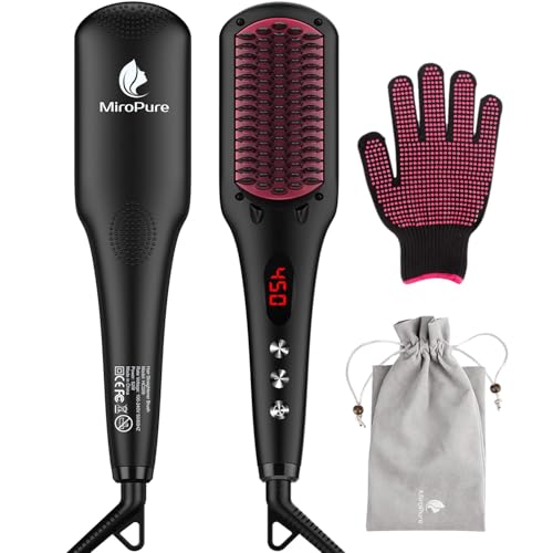 Hair Straightener Brush by MiroPure, 2-in-1 Ionic Straightening Brush with Anti-Scald Feature, Auto Temperature Lock & Auto-Off Function