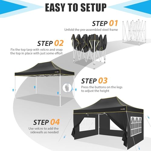 Image of HOTEEL 10x15 Heavy Duty Pop Up Canopy with Sidewalls, Party Tent with Roller Bag for Event Wedding, Upgraded Commercial Waterproof Instant Canopy, Thick Hexagonal Legs, UPF50+, Black