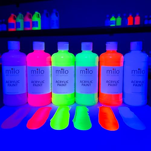 Image of milo Fluorescent Acrylic Paint Set, 6 Neon UV Colors, 16 oz Bottles | Glows in Black Light, AP Certified Non-Toxic, Made in USA, Arts & Crafts Paints for Artists, Student, Hobby Painters, Mixable