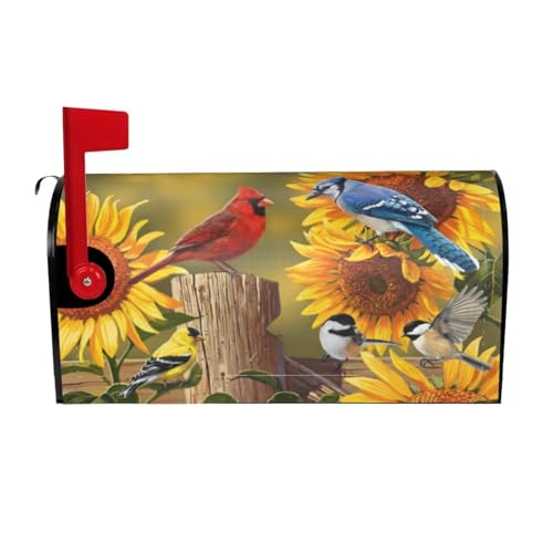 Image of Spring Flowers and Cardinal Bird Mailbox Cover Magnetic Country Sunflower Floral and Birds Waterproof Mailbox Wraps Post Letter Box Decor 21x18 in