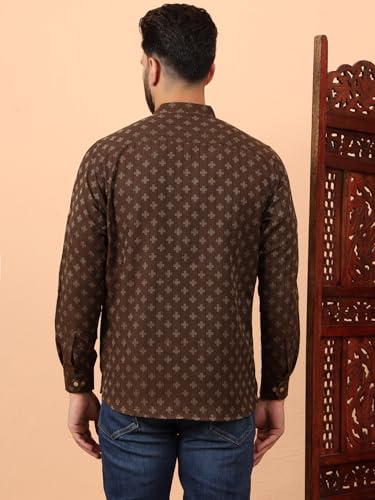 Image of LATEST CHIKAN Men's Cotton Regular Self Design Short Kurta Full Sleeves - Casual Ethnic Wear