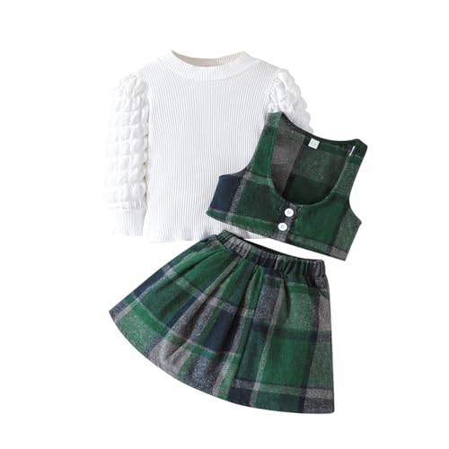 Image of Toddler Girls Christmas Outfits Girls Puff Sleeve Knit Ribbed Tops Button Down Vest Plaid Skirt Set Winter Clothes