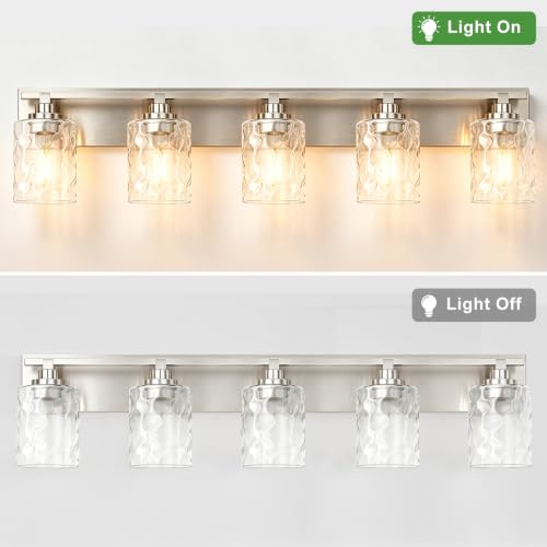 Image of Bathroom Light Fixtures,5-Light Brushed Nickel Vanity Lights Over Mirror | Modern Wall Light,Clear Ripple Glass Shade,Sturdy Metal Frame,For Bathroom Remodel,Easy Install,E26 Socket,ETL-Listed 36-inch