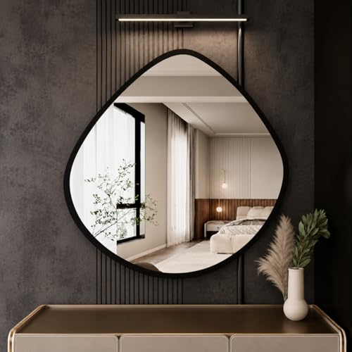 Image of Alfa Design 24 Inch Asymmetrical Irregular Wall Mounted Mirror | Black Wooden Frame | Aesthetic Decor Decorative Mirror for Bathroom Vanity Mirror, Farmhouse, Living Room, Bedroom & Entryway
