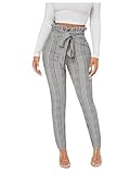 WDIRARA Women's Plaid Paperbag Waist Tie Front Stretch Belted Skinny Pants Multicolored M