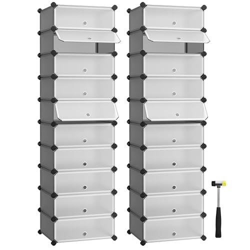SONGMICS Scarpiera a 10 Scomparti, Set di 2, Scaffale Componibile in Plastica, Armadietto Portascarpe Fai da Te con Ante e Martelletto, Mobiletto Porta Scarpe, Grigio LPC010G02