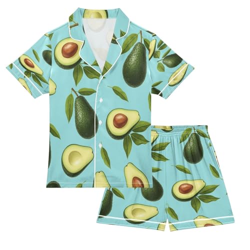 Satin Pajama Sets Short Sleeve Avocado Pattern Design Button Down Silky Nightwear 2 Piece PJS 5-14Y