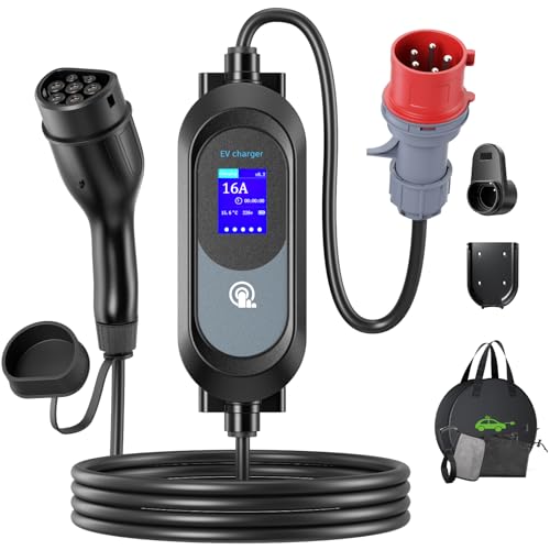 Evjuicion EV Charger, 11KW 6M Type 2 EV Charger 6/8/10/13/16A, 12 Hours Delay Timer, IP67 Waterproof, Electric Car Charger with Large Digital Display, CEE 5 Pin Charger, Wall Mount Holder & Carry Bag