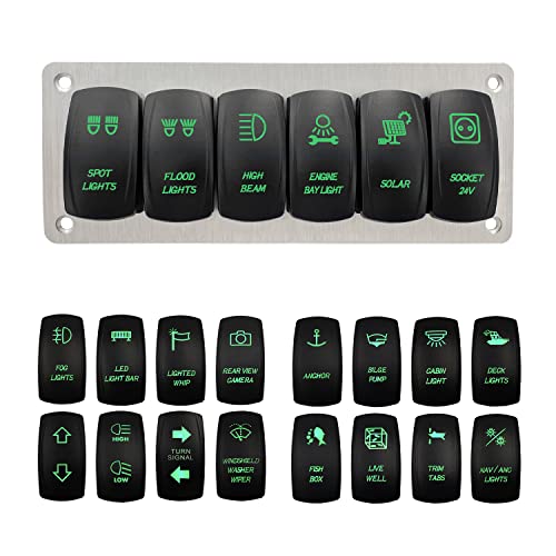 Image of Customize 6 Gang Rocker Switch Panel with Silver Mounting Bracket Green Led Toggle Switch Panel for Car Marine Boat Yacht RV Camper 12V 24V IP66