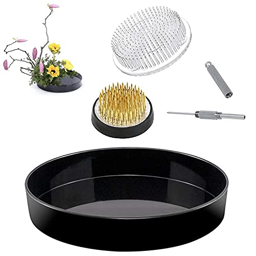 Japanese Ikebana Kit Floral Frog Flower Container Set With 9Inch Plastic Bowl Vase Pot, 1.57Inch Kenzan, 2.76Inch Plastic Kenzan, 2-In-1 Kenzan Tool Clean And Straighten Pin (Set A) #TOP13