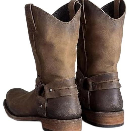 BININBOX Bottes d'équitation mi-hautes Bottes de cowboy western vintage pour homme et femme Bottes en cuir à talons bas, marron, 44 EU