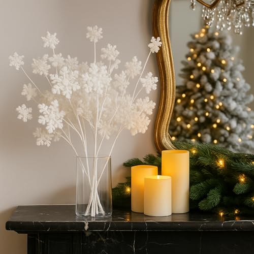 Civaner 6 Pcs 15.75'' Snowflake Christmas Tree Picks and Sprays White Glitter Snowflake Picks Fillers Branches Winter Christmas Twigs for Tree Wonderland Vases Wreath Floral Arrangement DIY Crafts