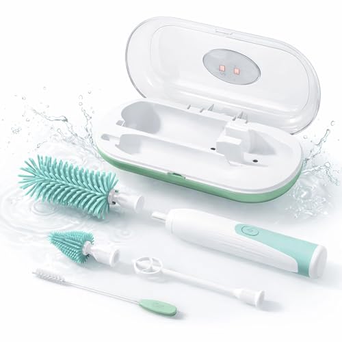 Bebedue Babyswirl Set 4 En 1 Batidora Eléctrica Y Cepillos De Silicona Para Limpieza De Biberones Y Tetinas Con Esterilizador Uv Carga Usb-C Soporte Para Secar Y Caja De Almacenamiento